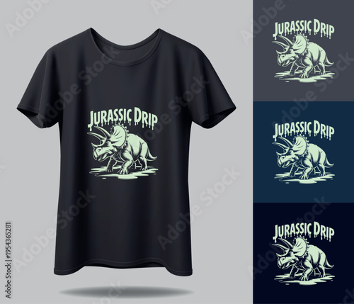 A t-shirt featuring a dinosaur design with the words Jurassic Drip on a plain background is shown in various colors.