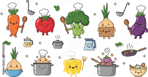 Cute Vegetable Chef Characters Collection with Cooking Pots Carrot Tomato Broccoli Onion Eggplant and Kitchen Cartoon Vector Illustration Set