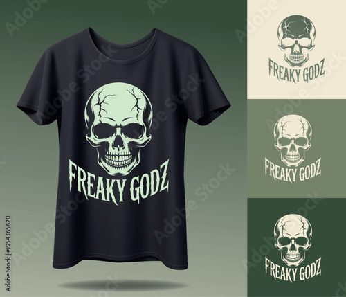 A black t-shirt features a green skull design with the text Freaky Godz on a gradient background with various color options.
