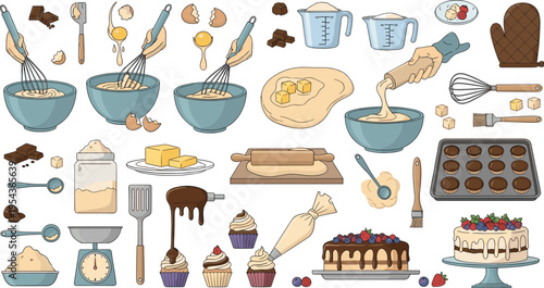 Baking Process and Pastry Making Collection with Ingredients Mixing Tools Cupcakes Cakes and Kitchen Utensils Vector Illustration Set
