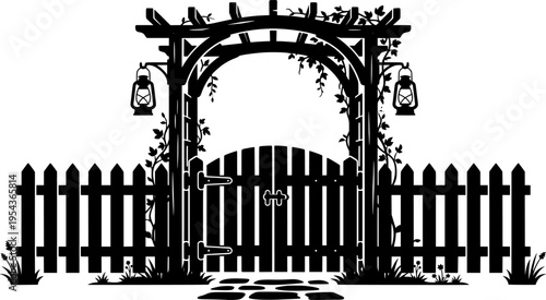 Fence and gate icon. Fencing. Black silhouette. vector Front view.
