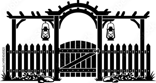 Fence and gate icon. Fencing. Black silhouette. vector Front view.
