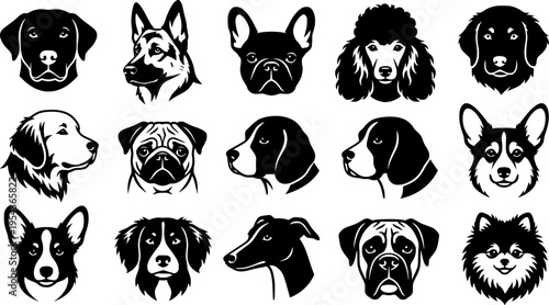 Dog breeds heads vector illustration. Pet portrait in style of hand drawn black doodle on white background
