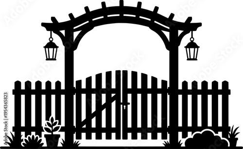 Fence and gate icon. Fencing. Black silhouette. vector Front view.
