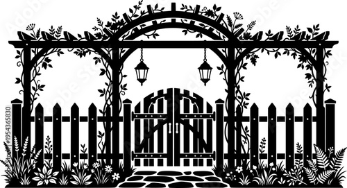 Fence and gate icon. Fencing. Black silhouette. vector Front view.
