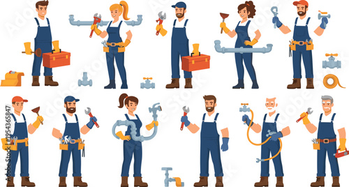 Professional Plumber Characters Collection with Tools Pipe Repair Maintenance Workmen Cartoon Style Plumbing Service Vector Illustration Set