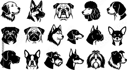 Dog breeds heads vector illustration. Pet portrait in style of hand drawn black doodle on white background
