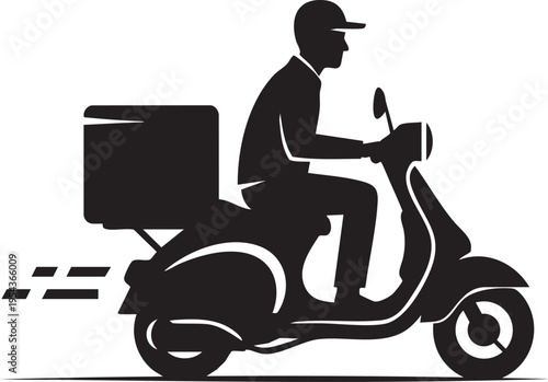 Black silhouette of man riding scooter with delivery box