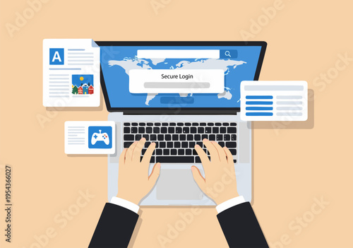 Secure login vector illustration of laptop and hands typing, representing digital security and online access