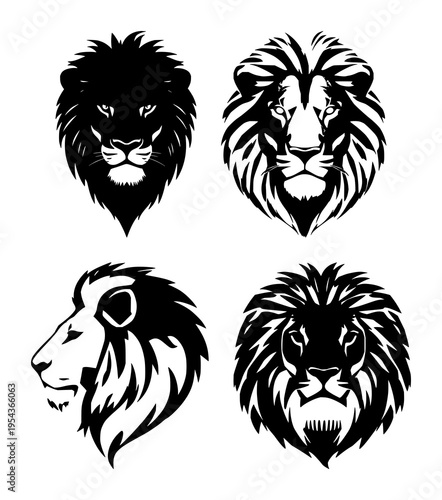 Lion head silhouette set with bold black silhouette shape featuring animal, wildlife, majestic with iconography and design