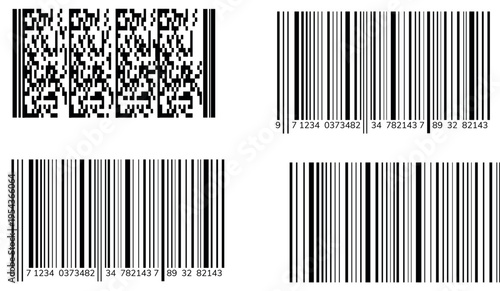 The image shows a collection of four barcode labels with different patterns.