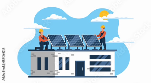 Clean energy solar panel installation on rooftop vector illustration of workers installing photovoltaic panels on a modern building