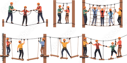 Team Building Adventure Rope Course Vector Set Featuring People Balancing Climbing and Crossing Obstacles Outdoor Training Activity Illustration Collection