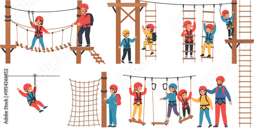 Kids Adventure Park Activities Vector Set Featuring Rope Climbing Zipline Obstacle Course and Playground Outdoor Fun Illustration Collection