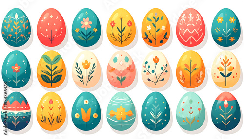 Collection of beautifully decorated Easter eggs with floral and geometric patterns on a white background