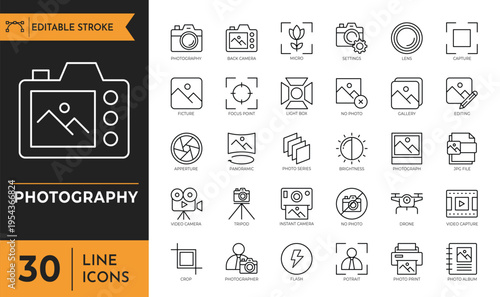 Photography outline icon set. Editable stroke. Vector illustration