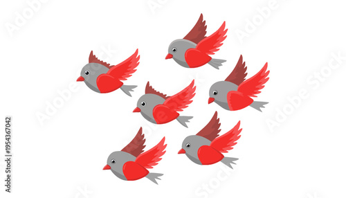 A flock of red and gray birds flying in formation illustration