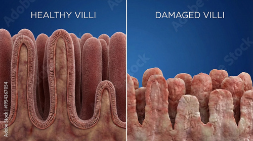 Healthy vs Damaged Intestinal Villi Celiac Disease 3D Medical Illustration