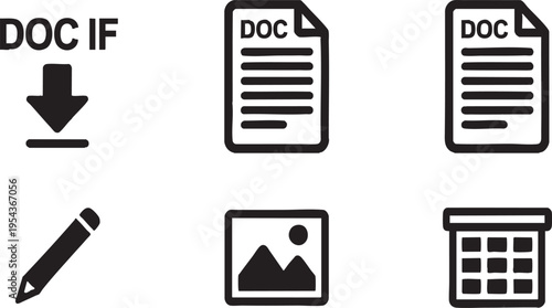 DOC File Format Icon Set with Download and Edit Symbols on Transparent Background