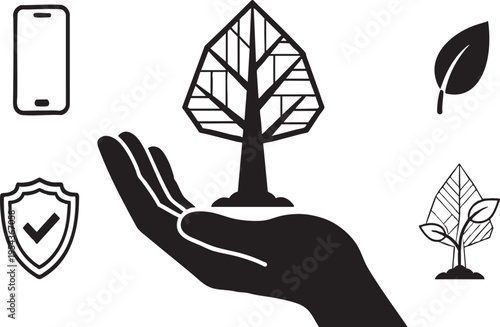Eco Care and Insurance Icon Set, Tree in Hand, Shield, Mobile, Transparent Background