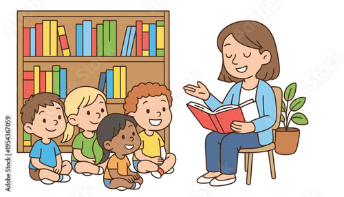 Teacher reading a book to children in a classroom setting