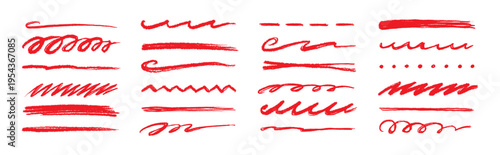 Line pencil red brush set. Line red underline brush pencil pen hand drawn stroke marker highlight.. Doodle scribble ink sketch strike through note sign texture grunge. Vector illustration