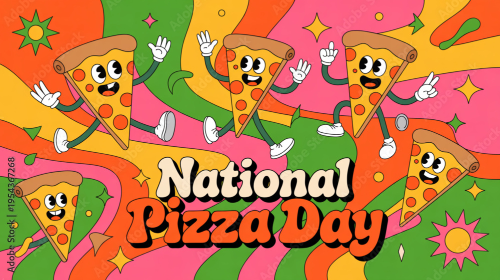 Naklejka premium Happy national pizza day celebration with dancing cartoon pizza slices on colorful background