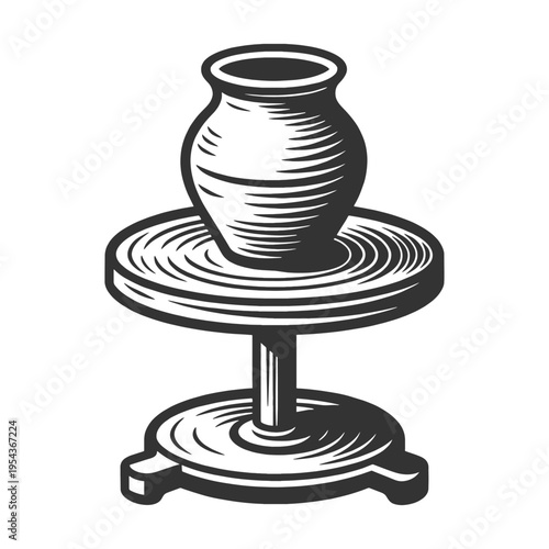 ceramic vase on a pottery wheel, craftsmanship, handmade art, creativity, and traditional artisan work sketch engraving generative ai vector illustration. Scratch board imitation. Black and white.