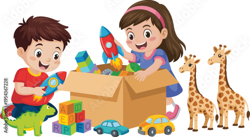 Cartoon illustration of two children happily playing with rocket, dinosaur, cars, giraffe toys, and colorful blocks, cheerful educational design for childhood creativity, learning, 