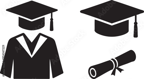 Graduation Icon Set with Cap, Gown, and Diploma Silhouette on Transparent Background