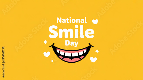 National smile day celebration with smiling face and hearts on yellow background