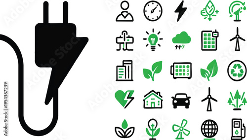 Green Energy and Electrical Icon Set Eco Friendly Symbols Transparent Background