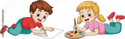 Cartoon illustration of two children lying on floor happily drawing and painting with pencils, brushes, and palette, creative educational design for childhood art, imagination, and learning concepts