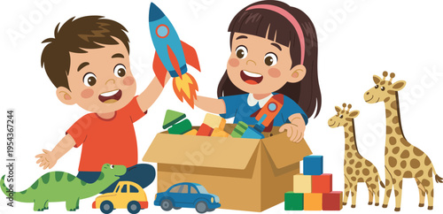 Cartoon illustration of two children happily playing with rocket, dinosaur, cars, giraffe toys, and colorful building blocks, cheerful educational design for childhood creativity, imagination, 