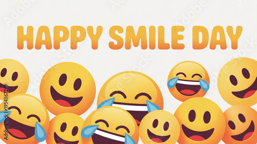 Collection of laughing emojis with tears of joy and happy smile day text on white background