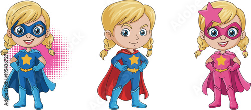 Cartoon illustration of young blonde girl dressed as superhero in three costume variations with masks, capes, and star emblem, confident character design for children, fantasy, 