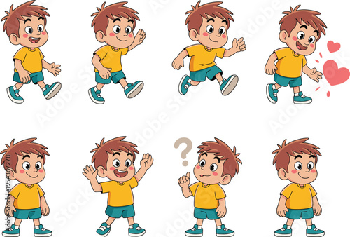 Cartoon illustration of young boy in eight different poses and emotions including walking, waving, smiling, thinking, and showing affection, educational character design for storytelling 