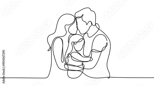 Continuous line drawing of a loving family with a mother father and child in a tender embrace on a white background