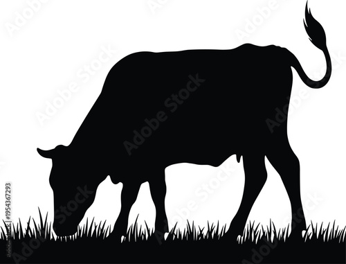 Cartoon silhouette illustration of cow grazing on grass, simple black pastoral design representing agriculture, livestock, rural farming, countryside lifestyle, and traditional animal 
