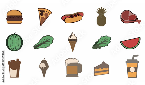 Bold Outline Food and Drink Icon Set for Restaurant Menu and Fast Food Design