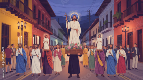 Jesus christ statue carried by crowd on street at dusk with colorful buildings