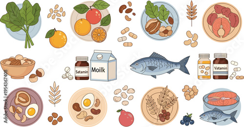 Balanced Diet Nutrition Food Vector Set Featuring Healthy Meals Fish Fruits Nuts Dairy and Vitamin Supplements Illustration Collection Design