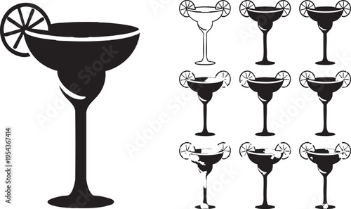 Margarita Cocktail Glass Icon Set Black Silhouette Isolated Transparent Background
