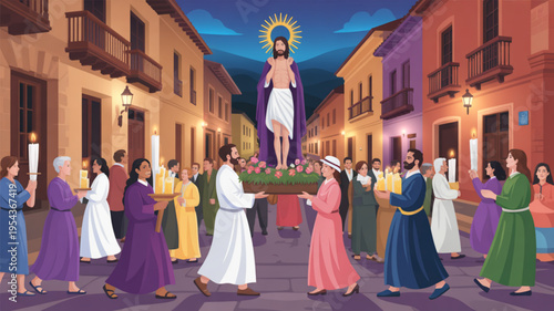 People in traditional clothing carrying a religious figure on a platform through a street at night