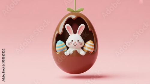 Chocolate easter egg with bunny and colorful eggs on pink background symbolizing springtime and holiday treats