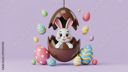 Easter bunny emerges from chocolate egg surrounded colorful decorated eggs floating in mid air on purple background