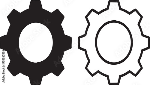 Minimalist Cogwheels Icon: Solid Black and Outline Gear Symbols for System Design
