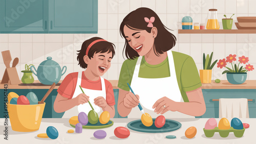 Woman and child decorating colorful easter eggs together in a kitchen with white and blue decor