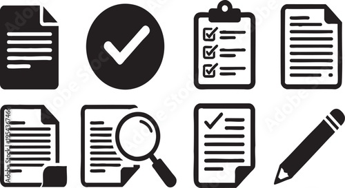 Minimalist Document and Office Icon Set Black Silhouette on Transparent Background