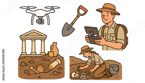Archaeologist using a drone and tablet for excavation and site exploration
